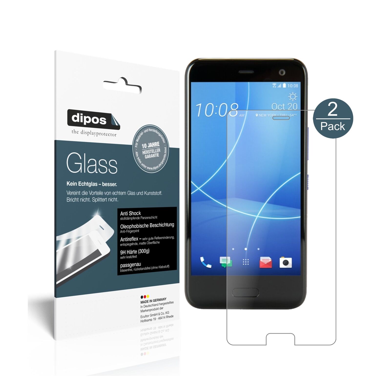 2x Schutzfolie für HTC U11 Life matt - Anti-Shock 9H Folie dipos Glass