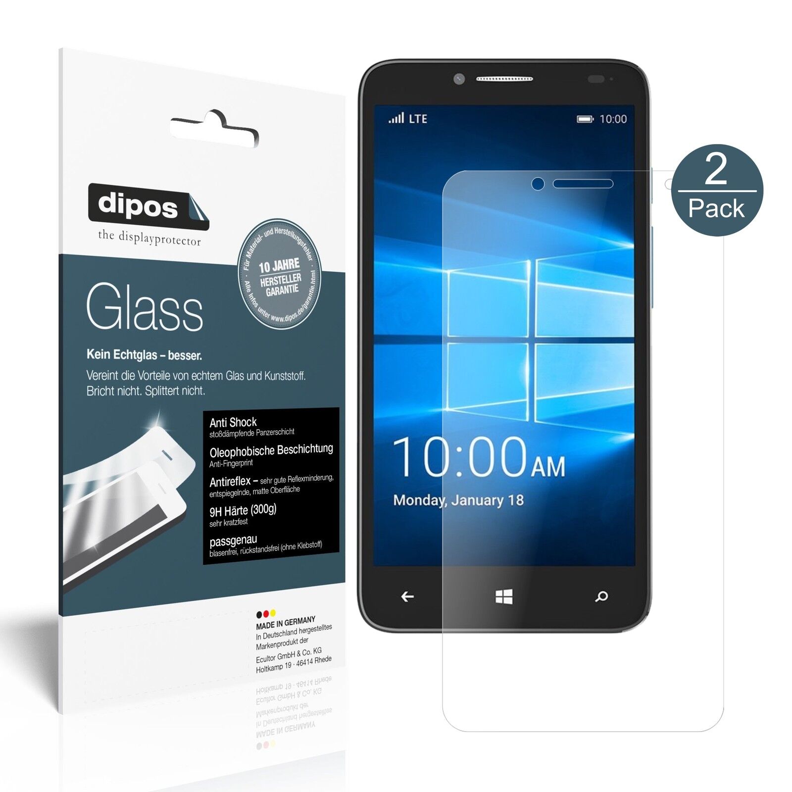 2x Schutzfolie für Alcatel Idol 4 Pro matt - Anti-Shock 9H Folie dipos Glass