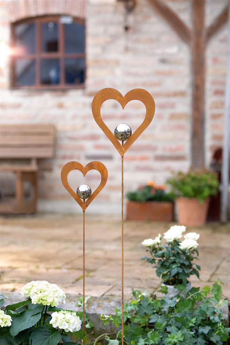 Herz Stecker "Silberkugel" 2er Set Garten Metall Deko Blumen Sticker Rost Design