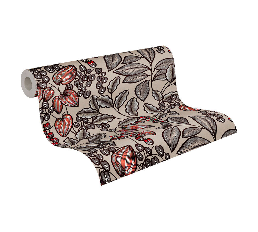 Vliestapete Blätter Früchte beige grau rot Floral Impression 37754-3 (8,50€/1qm)