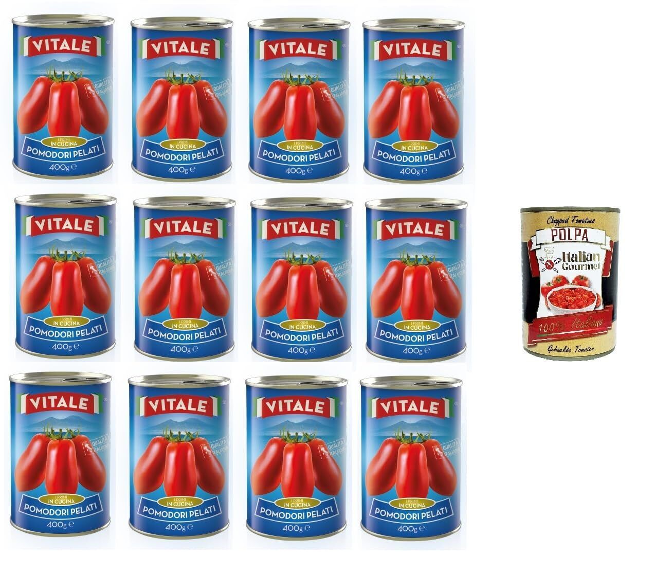 Vitale Pomodori Pelati Geschälte Tomaten 12x 400gr+Italian Gourmet Polpa 400g