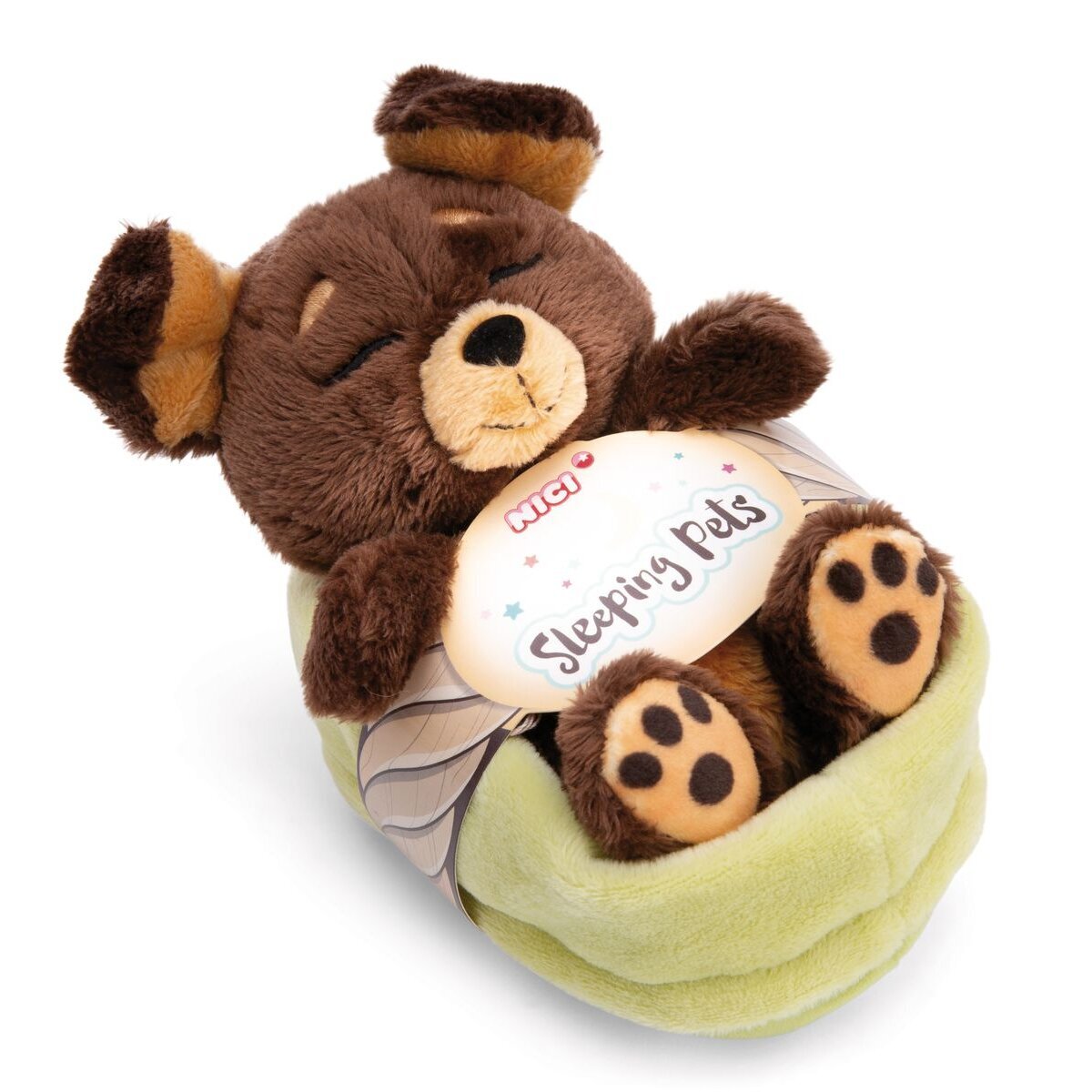 NICI Kuscheltier Hund braun 12cm schlafend im Körbchen grün GREEN