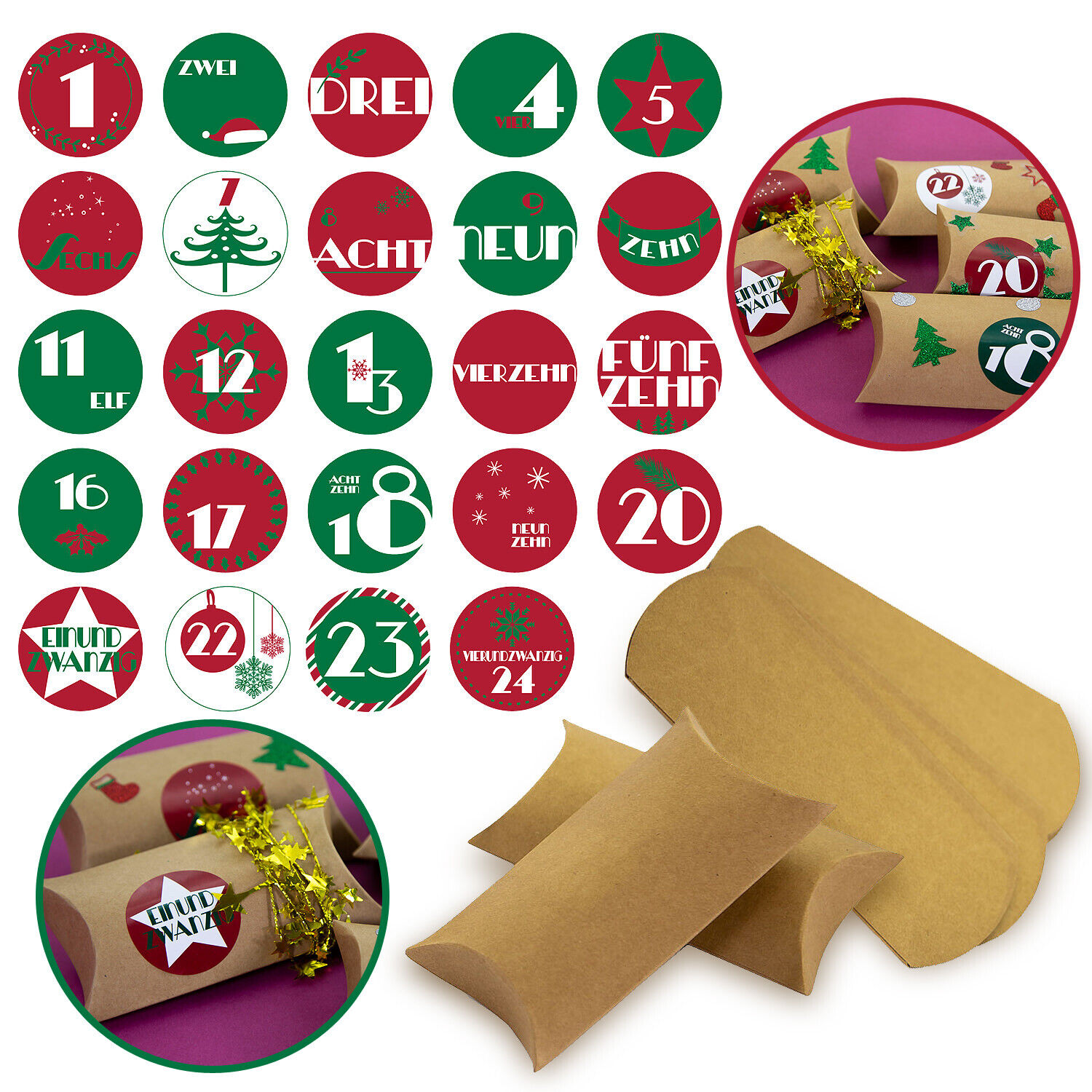 DIY Adventskalender Set 24 Boxen Schachteln + 24 Zahlen Sticker Aufkleber Advent
