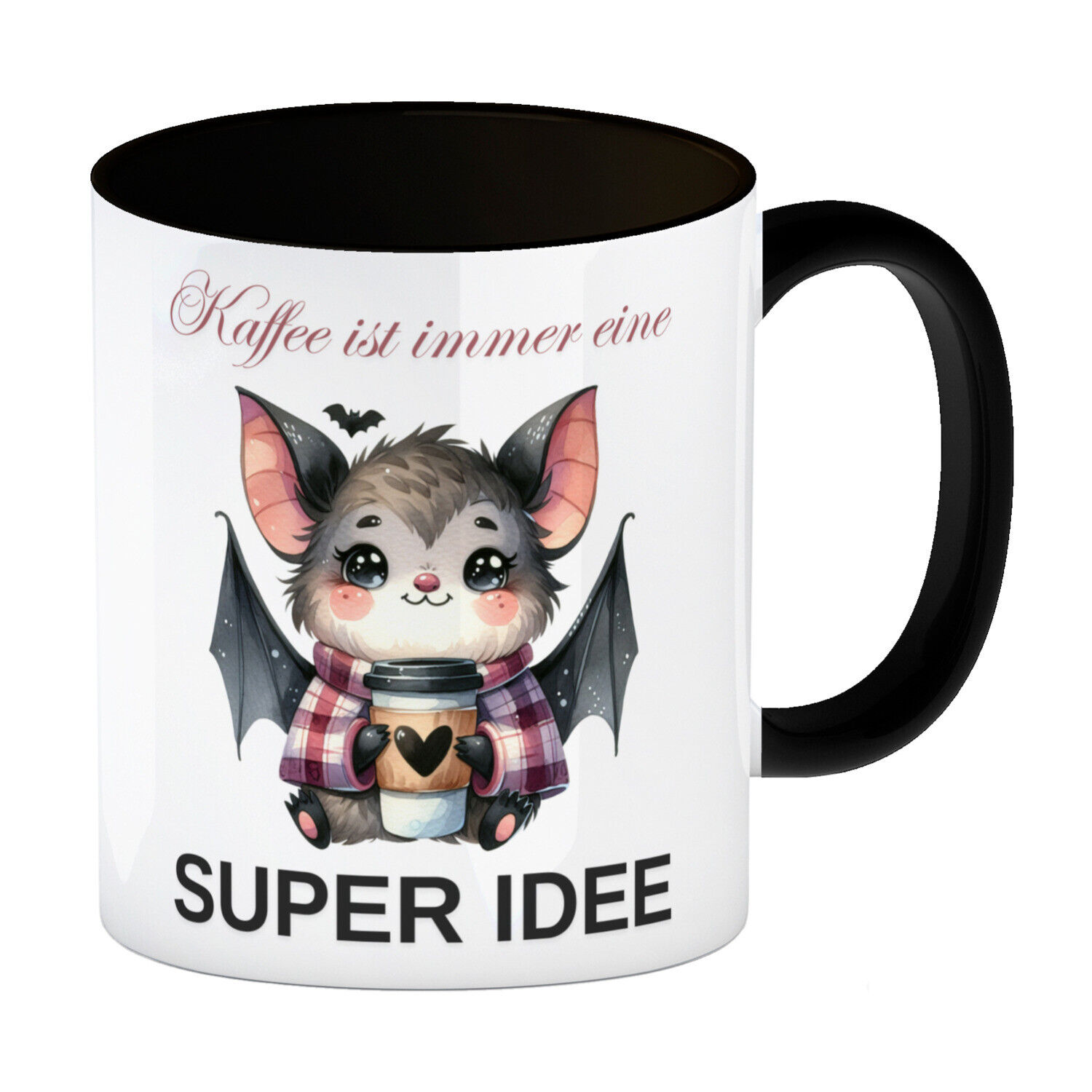 Fledermaus mit Kaffeebecher in schwarz Kaffeebecher in schwarz mit Spruch