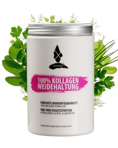 Primalife Collagen Pulver 500G - 100% Reines Kollagen Pulver Aus Weidehaltung - Hoher Proteingehalt Mit 9,6G Eiweiß Pro Portion - Mit Kollagen Peptide
