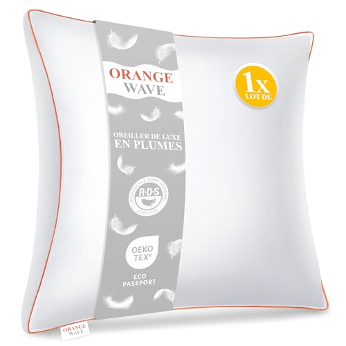 Orange Wave Oreiller Plume 60X60 - Coussin De Luxe 60X60 Cm En Duvet Et Plume, 1200G De Moelleux, Qualité Hôtelière Et Confort Oreiller Ergonomique, C
