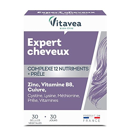 Vitavea Expert Cheveux 12 Nutriments - Complément Alimentaire Cheveux - Biotine (Vitamine B8), Zinc, Cuivre, Vitamines - 30 Gélules - Cure De 1 Mois -