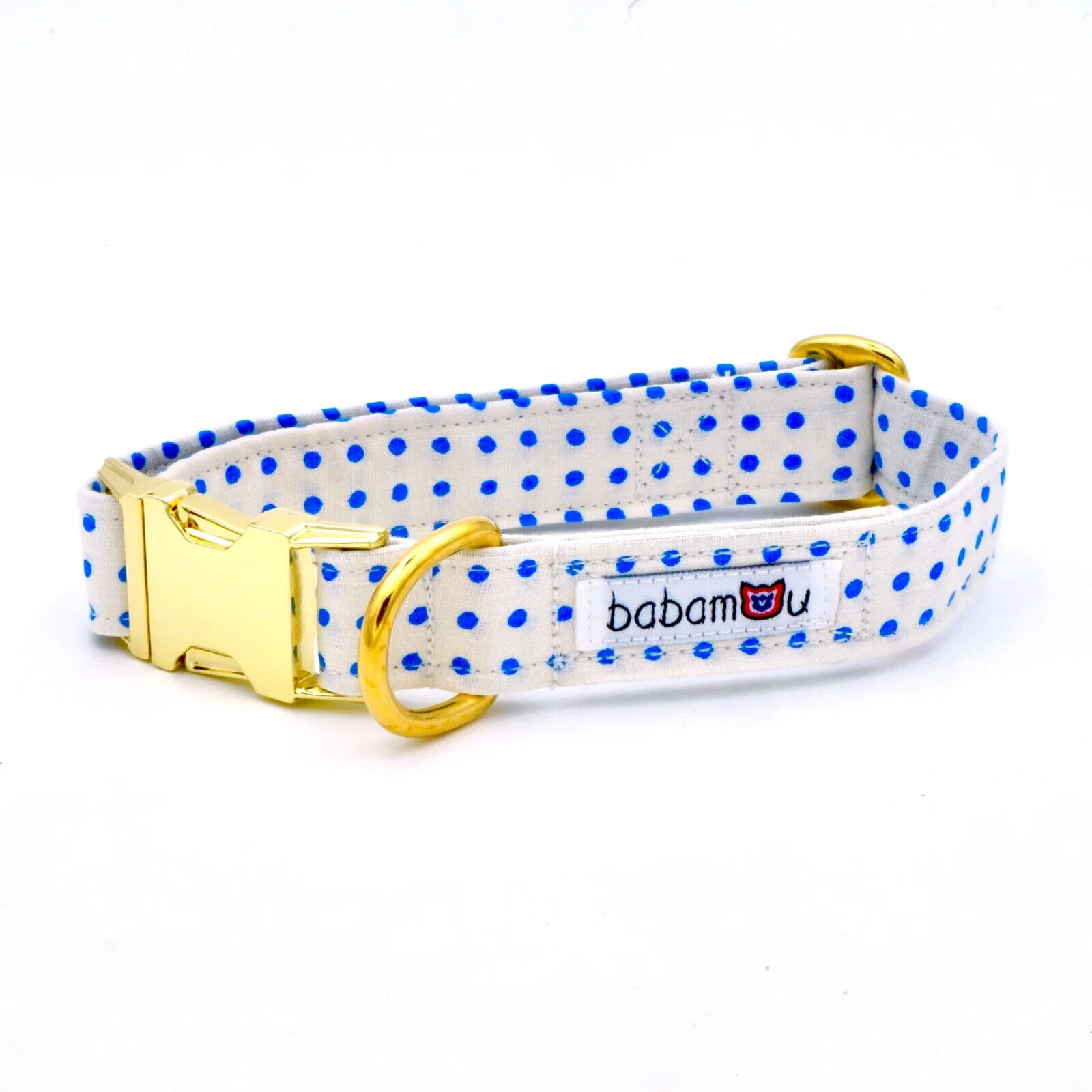 Babamou collier POLKA BLEU taille M - 34/48 CMS boucle dorée + LAISSE 140 CMS