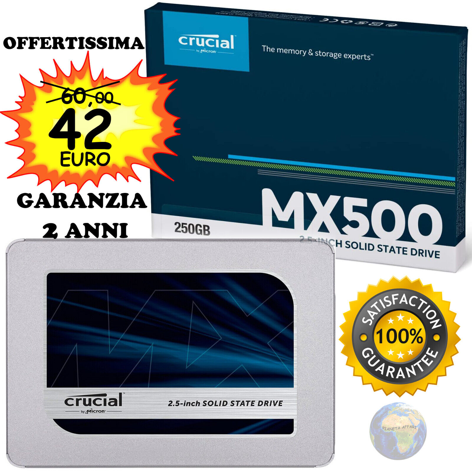 Disque Dur SATA 250GB SSD État Solide Crucial MX500 2,5" 3D NAND CT250MX500SSD1
