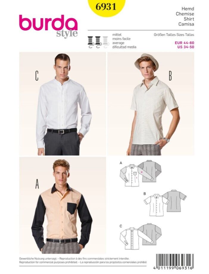 Burda 6931 HOMME Chemises Couture Motif Tailles 34-50 Skill: Moyen