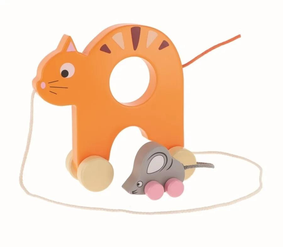 Hölzernes Kätzchen und Maus Spielzeug. Trefl Kleinkinder und Teddybär