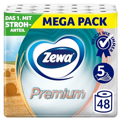 Zewa Premium Toilettenpapier Mit Stroh 48 Stück, 6X8 Rollen, 5 Lagen, Vorratspackung