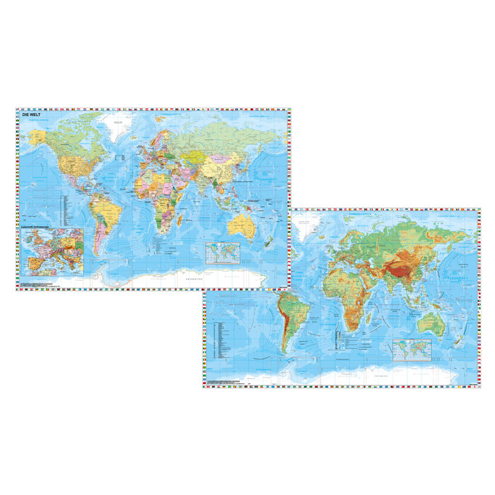 Weltkarte mit Ausschnitt Zentraleuropa / Weltkarte physisch