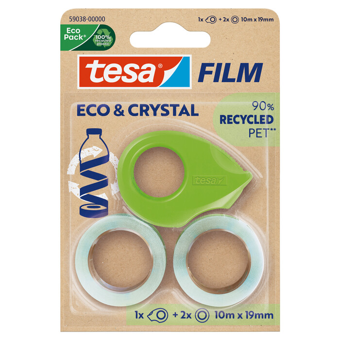 TESA Eco & Crystal Abroller inkl. 2 Rollen Klebeband 10 m x 19 mm