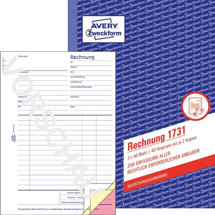 AVERY Zweckform Rechnungsbuch 3x 40 Bl. 1731 A5 weiß