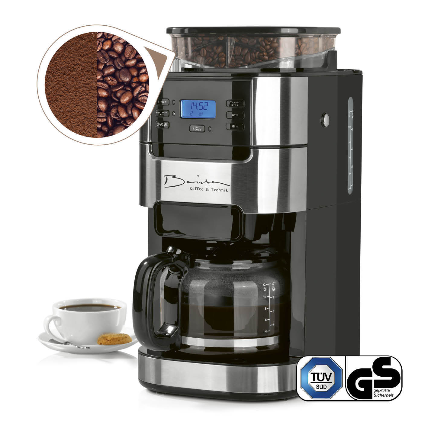 Barista Kaffeemaschine Mahlwerk 900W Edelstahl/Schwarz 12 Tassen Permanentfilter