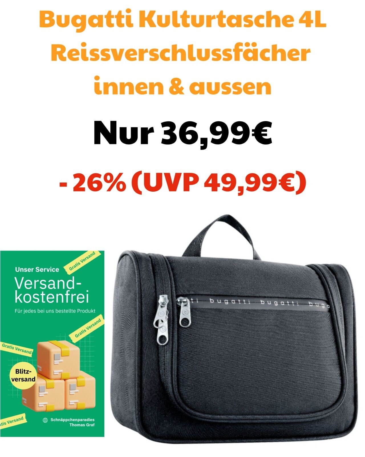 Bugatti Kulturtasche 4L Reissverschlussfächer innen + aussen - mit Haken