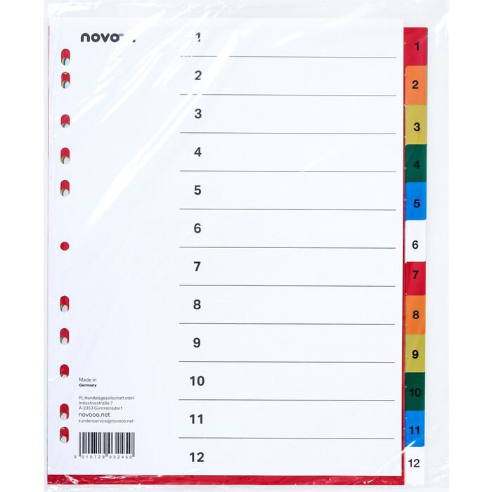NOVOOO Register A4 Zahlen 1-12 überbreit mehrere Farben