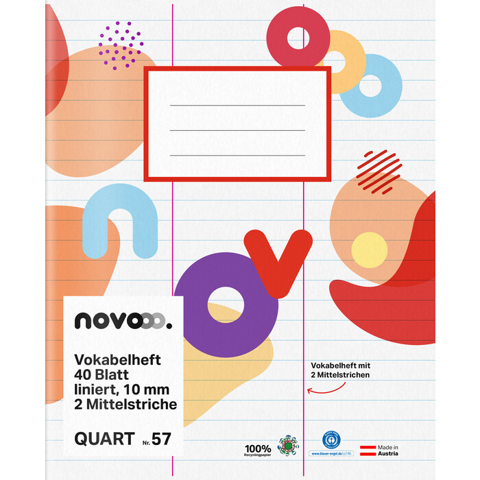 NOVOOO Vokabelheft Quart 40 Blatt liniert 10 mm mit 2 Mittelstriche Nr. 57