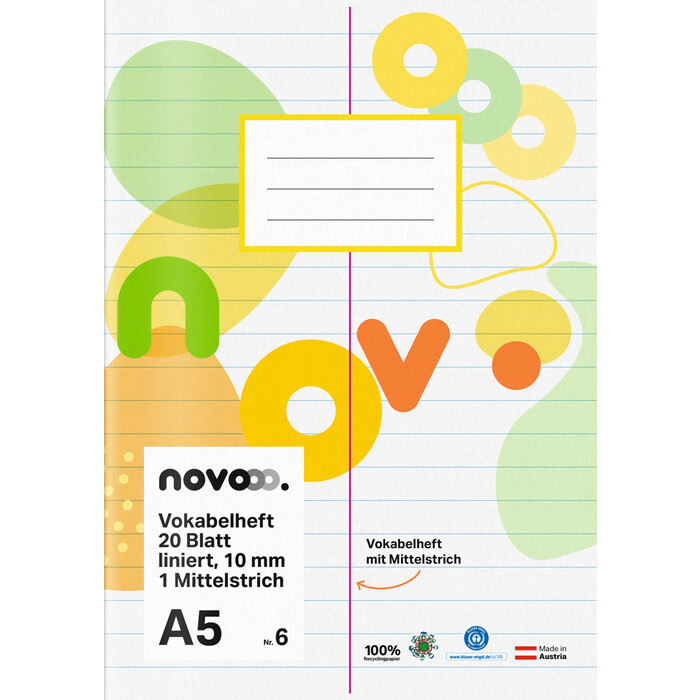 NOVOOO Vokabelheft A5 20 Blatt liniert 10 mm mit Mittelstrich Nr. 6