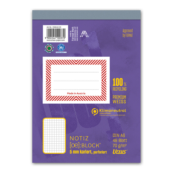 Notizblock A6 48 Blatt 5 mm kariert