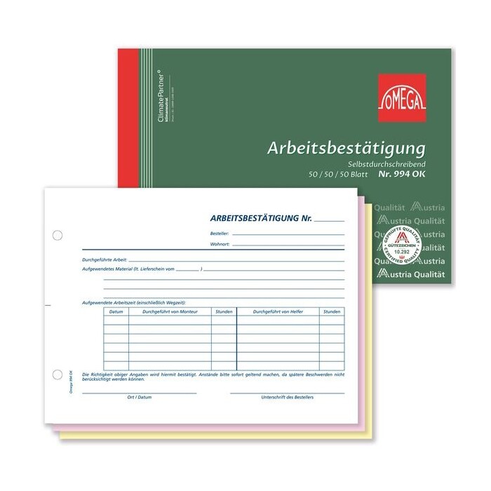 OMEGA Arbeitsbestätigung, A5 quer, 3 x 50 Blatt