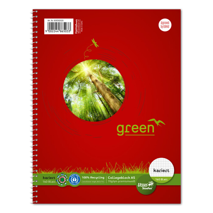 URSUS Collegeblock Green A5 kariert 160 Blatt