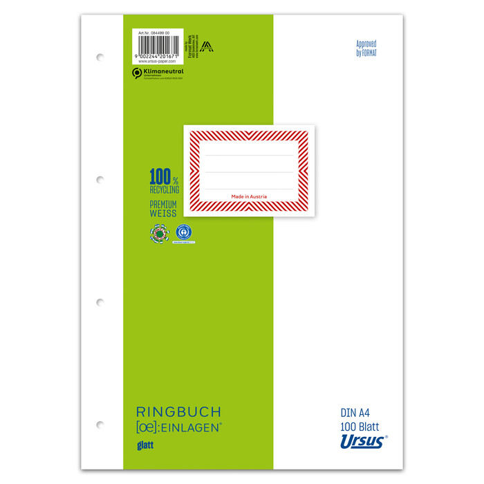 URSUS GREEN Ringbucheinlagen A4 100 Blatt glatt