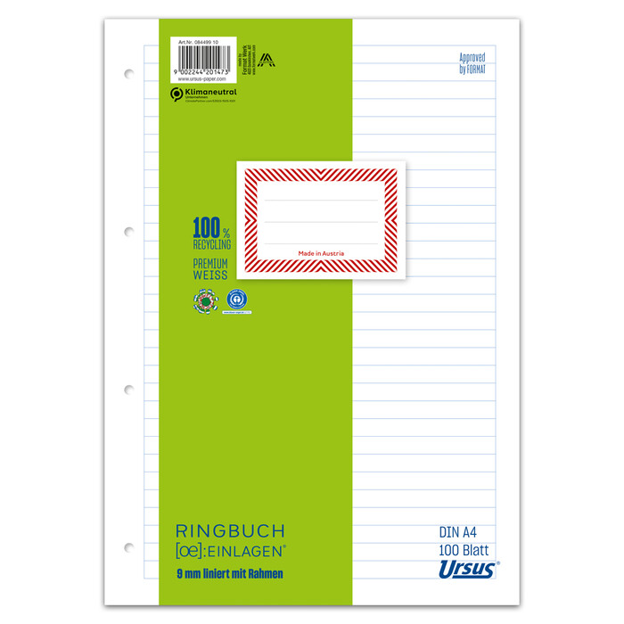 URSUS GREEN Ringbucheinlagen A4 mit Rahmen 100 Blatt liniert