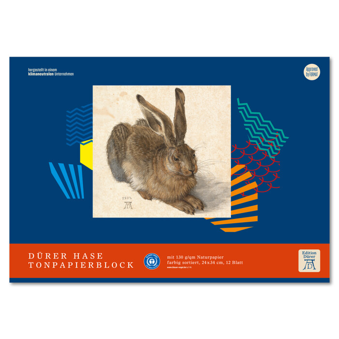 Naturpapierblock Dürer Hase färbig sortiert, 24 x 34cm, 12 Blatt