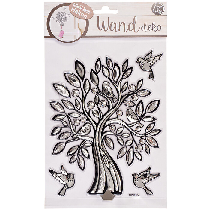 Raumdekosticker Baum mit Haken metallic selbstklebend silber