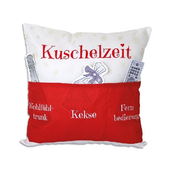 Kissen Kuschelzeit mit 3 Taschen weiß/rot