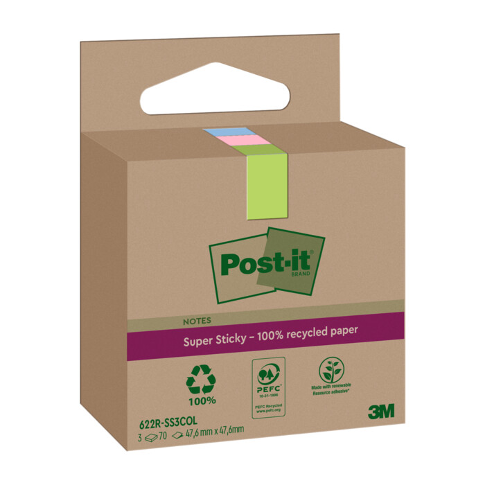 POST-IT Haftnotizen Super Sticky Recycling 47,6 x 47,6 mm 3 x 70 Bl. mehrere Farben