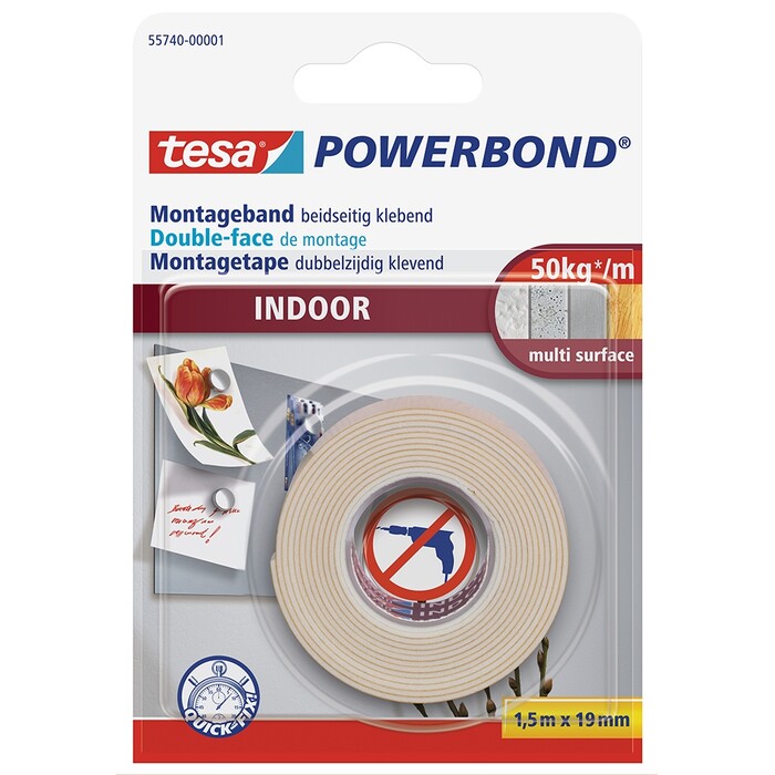 TESA Powerbond Indoor - doppelseitiges Montageband für den Innenbereich 1.5 m x 19 mm weiß