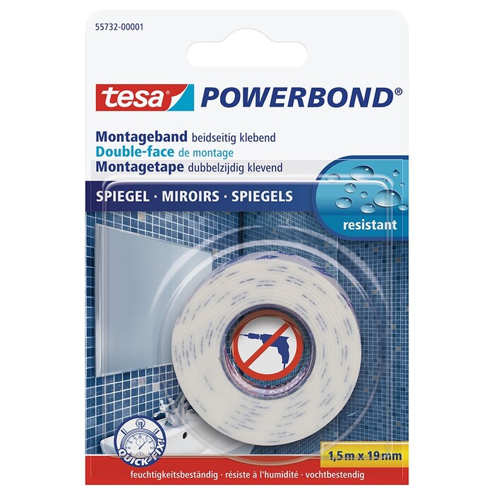 TESA Powerbond Spiegel - doppelseitiges Spiegel-Montageband für Feuchträume, 1.5m x 19mm