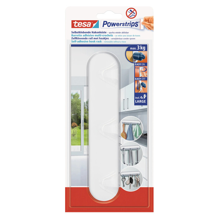TESA Powerstrips Hakenleiste mit 3 Haken selbstklebend weiß