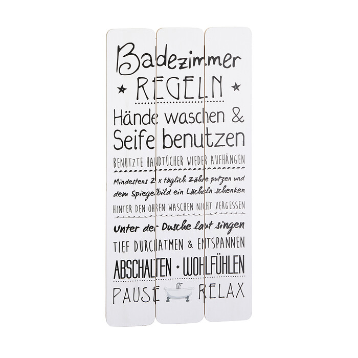 Holzschild Badezimmer-Regeln 30 x 60 x 0,9 cm weiß
