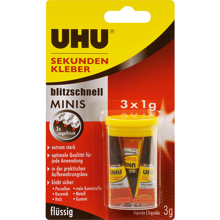 UHU Mini-Sekundenkleber flüssig blitzschnell 3 x 1 g