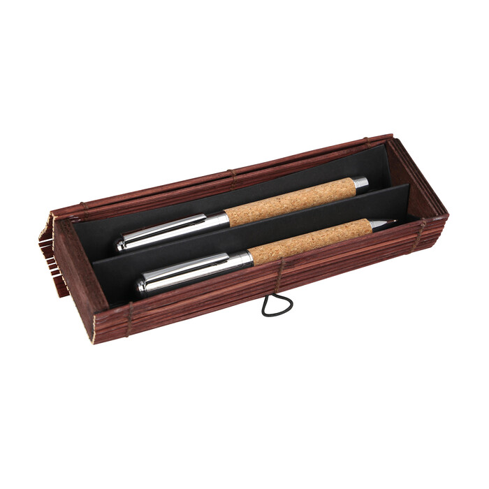 ONLINE Kugelschreiber/Rollerball-Set Cork in Bamboo Box braun