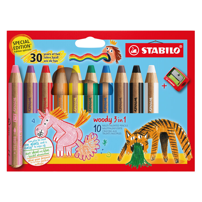 STABILO Buntstift, Wassermalfarbe & Wachsmalkreide woody 3in1 10er Pack mit Spitzer Einhorn