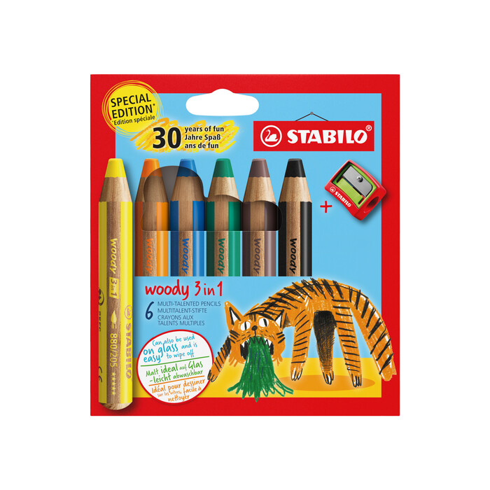 STABILO Buntstift, Wassermalfarbe & Wachsmalkreide woody 3in1 6er Pack mit Spitzer Tiger