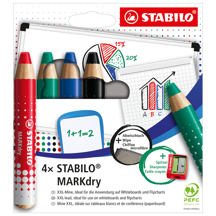 STABILO Whiteboardmarker-Set MARKdry 4 Stück inkl. Abwischtisch/Spitzer