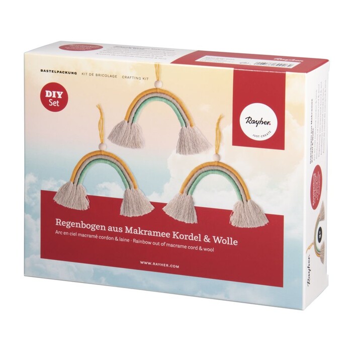 RAYHER Makramee-Set Regenbogen Kordel + Wolle für 3 Stück bunt