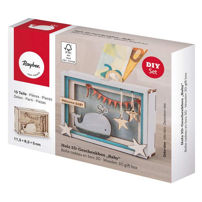 RAYHER 3D-Geschenkbox aus Holz Baby 15 Teile natur