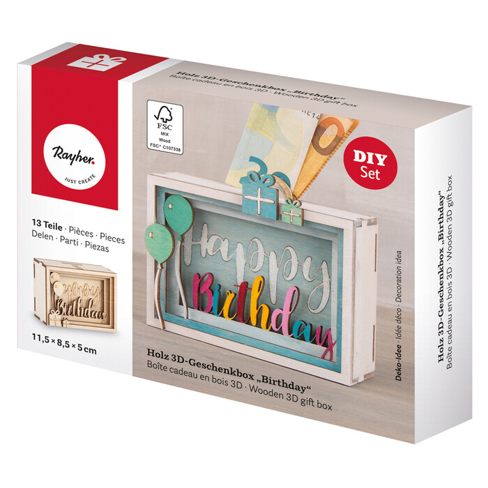 RAYHER 3D-Geschenkbox aus Holz Birthday 13 Teile natur