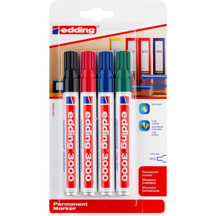 EDDING Permanentmarker-Set 3000 Basic 1,5-3 mm 4 Stück mehrere Farben