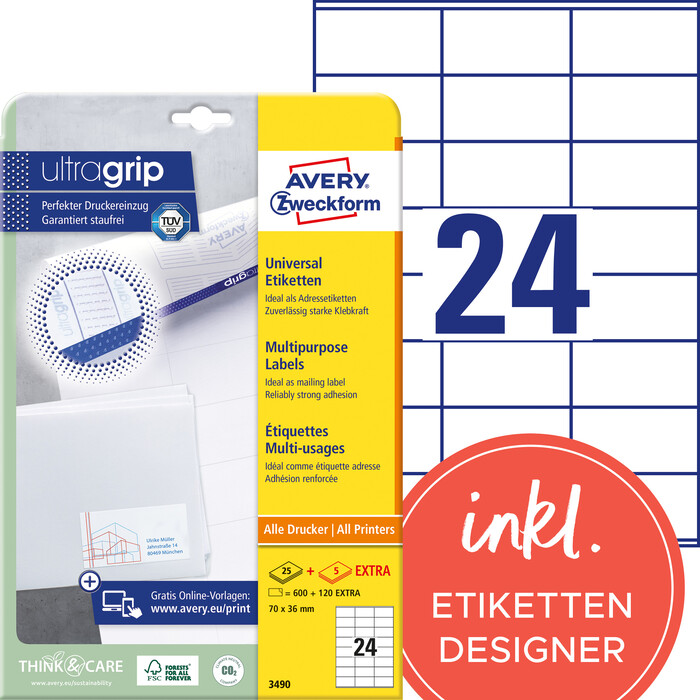 AVERY Zweckform Univ. Etiketten 30 Bl. 3490 7 x 3,6 cm weiß