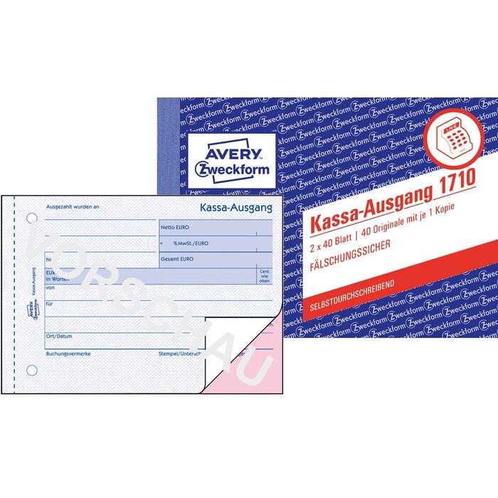 AVERY Zweckform Kassa Ausgangsbuch 2x40 Blatt 1710 DIN A6 quer 2 x 40 Blatt weiß