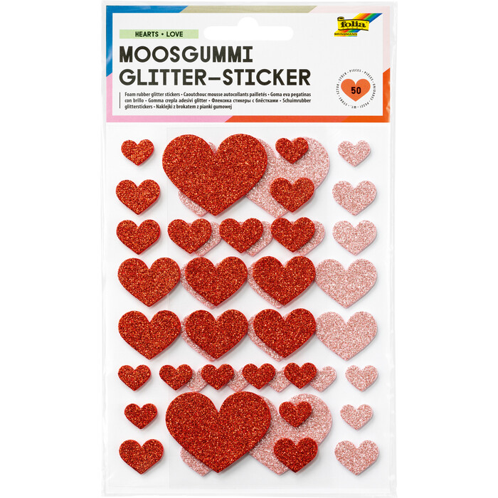 FOLIA Moosgummi Glitter-Sticker Herzen 50 Stück rot/rosa