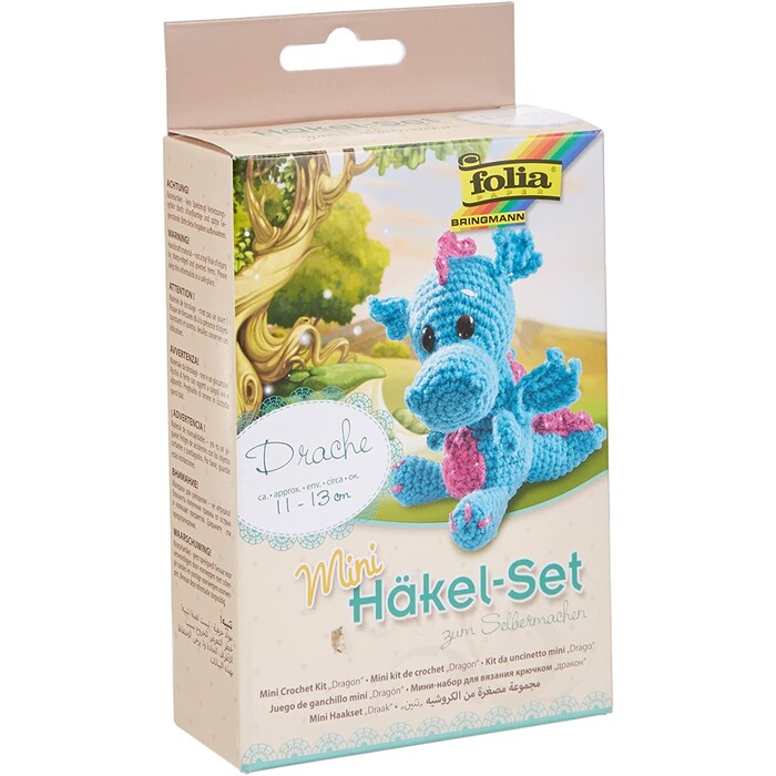 FOLIA Mini-Häkelset Drache 11-13 cm türkis/pink